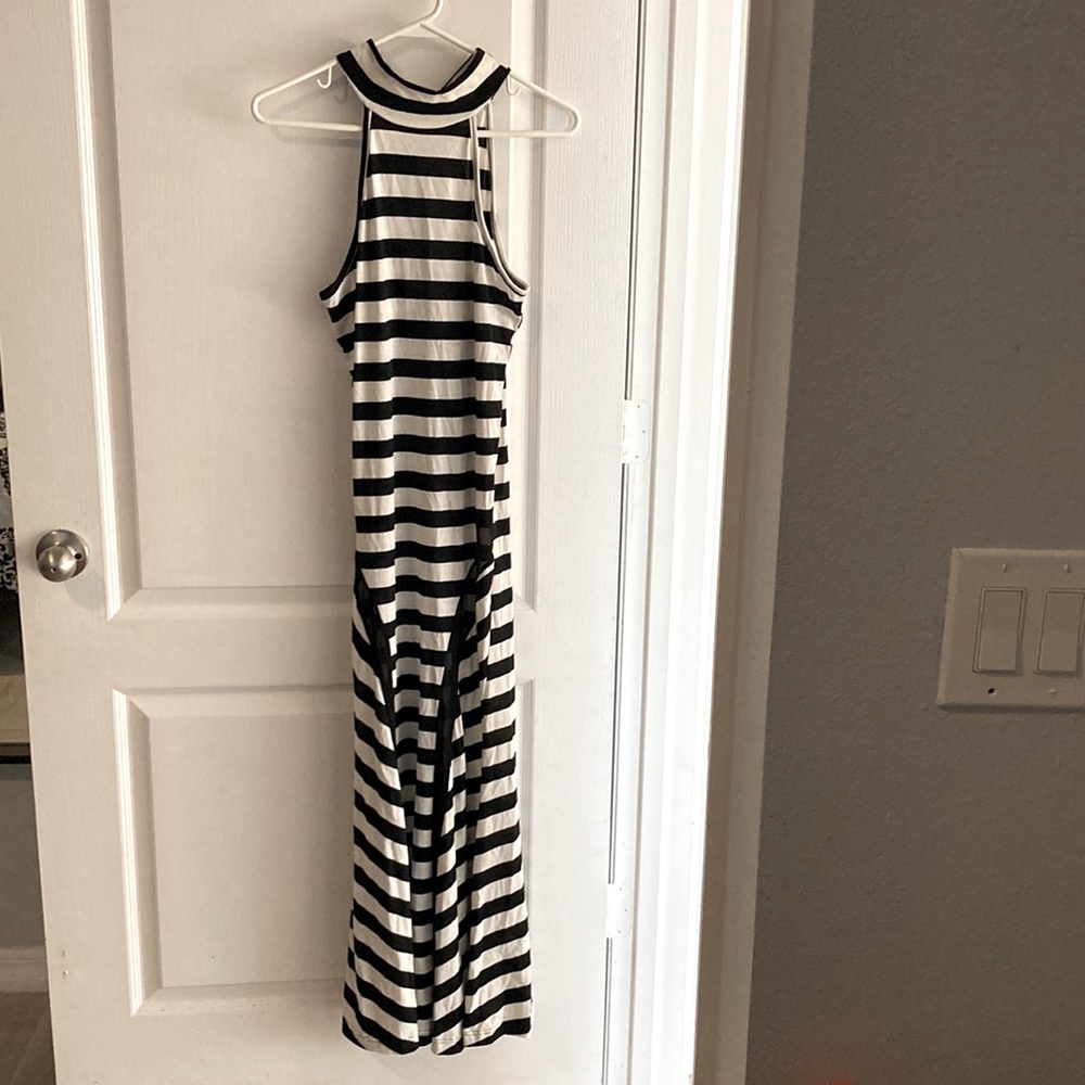 White and black stripe halter dress